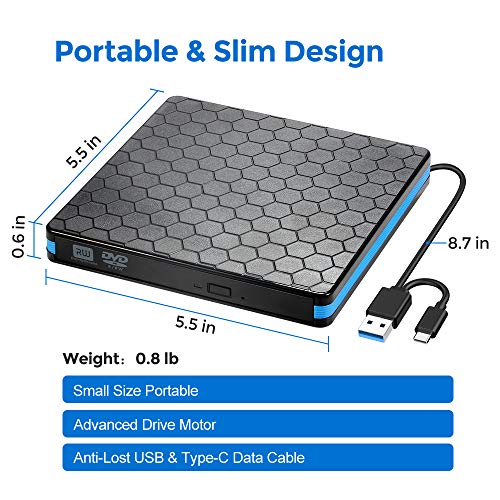 External Optical Drive, CD Drive with USB 3.0 & Type-C for VCD/DVD/CD -ROM/ -R/ +R /-RW Burner/Reader/Writer, Compatible for Windows/Linux/MAC OS