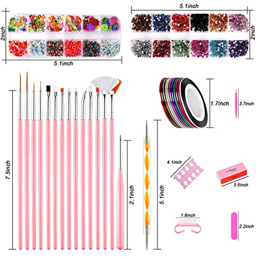 BicycleStore Nail Art Kit, Professional 3D DIY Decoration Manicure Supplies Set with 15Pcs Painting Brushes 5 Dotting Tools 2 Boxes Rhinestones 10 Striping Tapes Nail File, Sequins for Girls Women