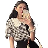 Korean Style Summer Shirts French Plaid Shirts Women's Doll Collar Puff Sleeve Tops