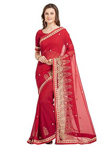 Viva N Diva Saree for Women s Cherry Red Color Faux Georgette Embroidery Saree with Un-Stiched Blouse Piece,Free Size