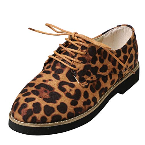 Hunzed Womenã€Suede Leopard Lace-Up Shoesã€‘Women Oxford Flats Closed Round Toe Slip On Low Heel Platform (8 M US, Brown)