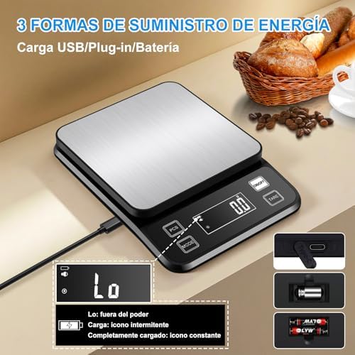 Báscula Cocina Recargable 0.1g/10kg, Impermeable