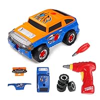 Virhuck 2 In 1 Take Apart Toy Racing Car Kits for kids - Build Your Own Toy Truck Playset with 36 Parts, Two Color Shell, Realistic Engine Sounds & Drill, Orange and Blue