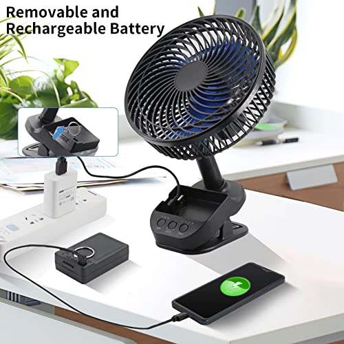 ATEngeus USB Clip Fan, 10000 mAh Rechargeable Battery Fan, 5 Speeds Camping Fan, Multi-Angle Rotation, Timer with Clip and Hook for Baby Stroller, Office