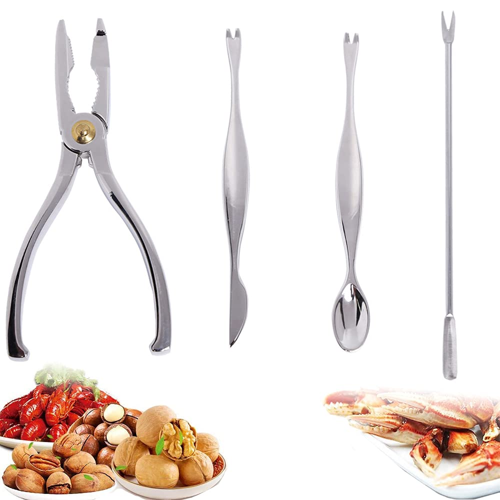 4 Pieces Crab Tools, Kitchen Seafood Tools, Nutcracker Nuts Tool, Stainless Steel Crab Picking Seafood Opener Clip Lobster Fork Cracker Tool Set for Seafood, Crab, Lobster, Shellfish, Nuts (Silver)