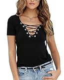 Women Summer Sexy V Neck Cross Front Lace Up Shirt Short sleeve