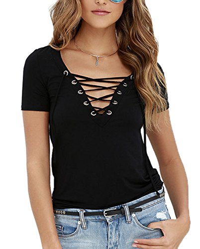 Women Summer Sexy V Neck Cross Front Lace Up Shirt Short sleeve