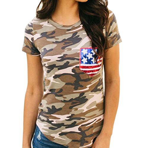 TAORE Women Short Sleeve Camouflage American Flag Blouse Casual Tops T Shirt Tank tops(XS~L)) (L, Camouflage)