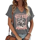 Cowboy Shirts for Women V Neck Vintage Rodeo T Shirt Western Fashion Graphic Short Sleeve Tee Tops
