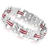 INBLUE Men's Stainless Steel Rubber Bracelet Link Wrist Silver Tone Red