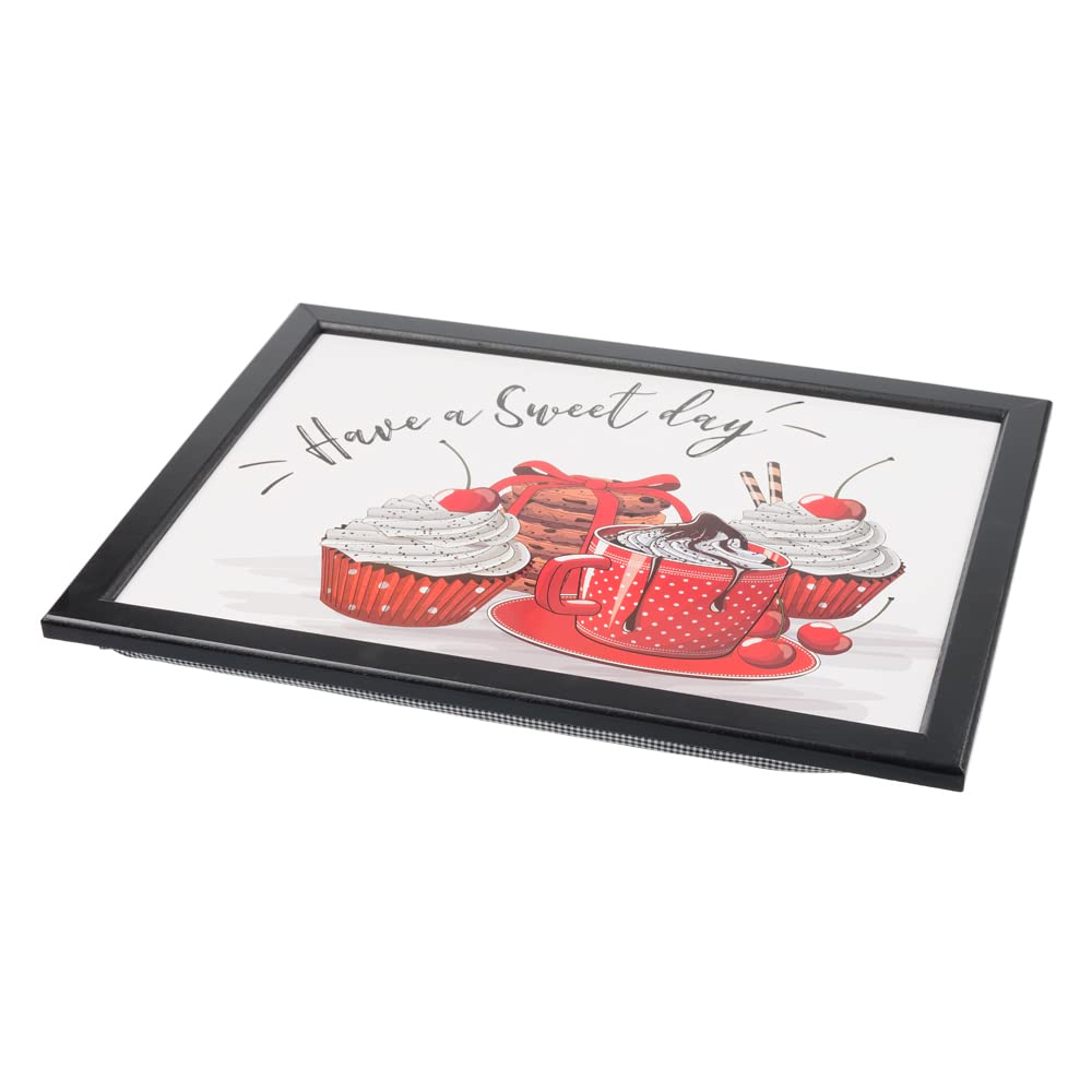 Invero Deluxe Sweet Treats Printed Cushioned Lap Tray with Wooden Frame and Bean Bag Cushion Base Ideal for Breakfast in Bed or Dinner - 44cm x 34cm