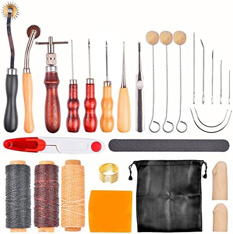 25pcs Leather Sewing Tools Craft DIY Hand Stitching Kit with Groover Awl Waxed Thimble Thread for Stamping Set, Saddle Making, Sewing Leather, Canvas or Other Leathercraft Projects