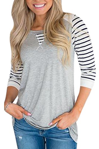 Women Cotton T Shirt Long Sleeves Raglan Casual Striped O Neck Baseball Tees (Gray White, Large)