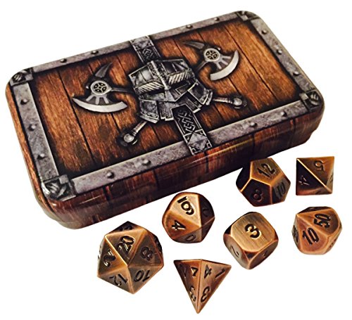 Skull Splitter Dice- Antique Brass Color- Solid Metal Polyhedral Role Playing Game (RPG) Dice Set (7 Die in Pack) with Box
