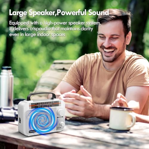 Audiocrazy Portable Radio AM/FM/SW1-2 Multiband Radio with Rechargeable Battery 1800 mAh, AC Cable or Portable FM Radio, Fleece, Speakers, Headphone Jack, AUX Input White