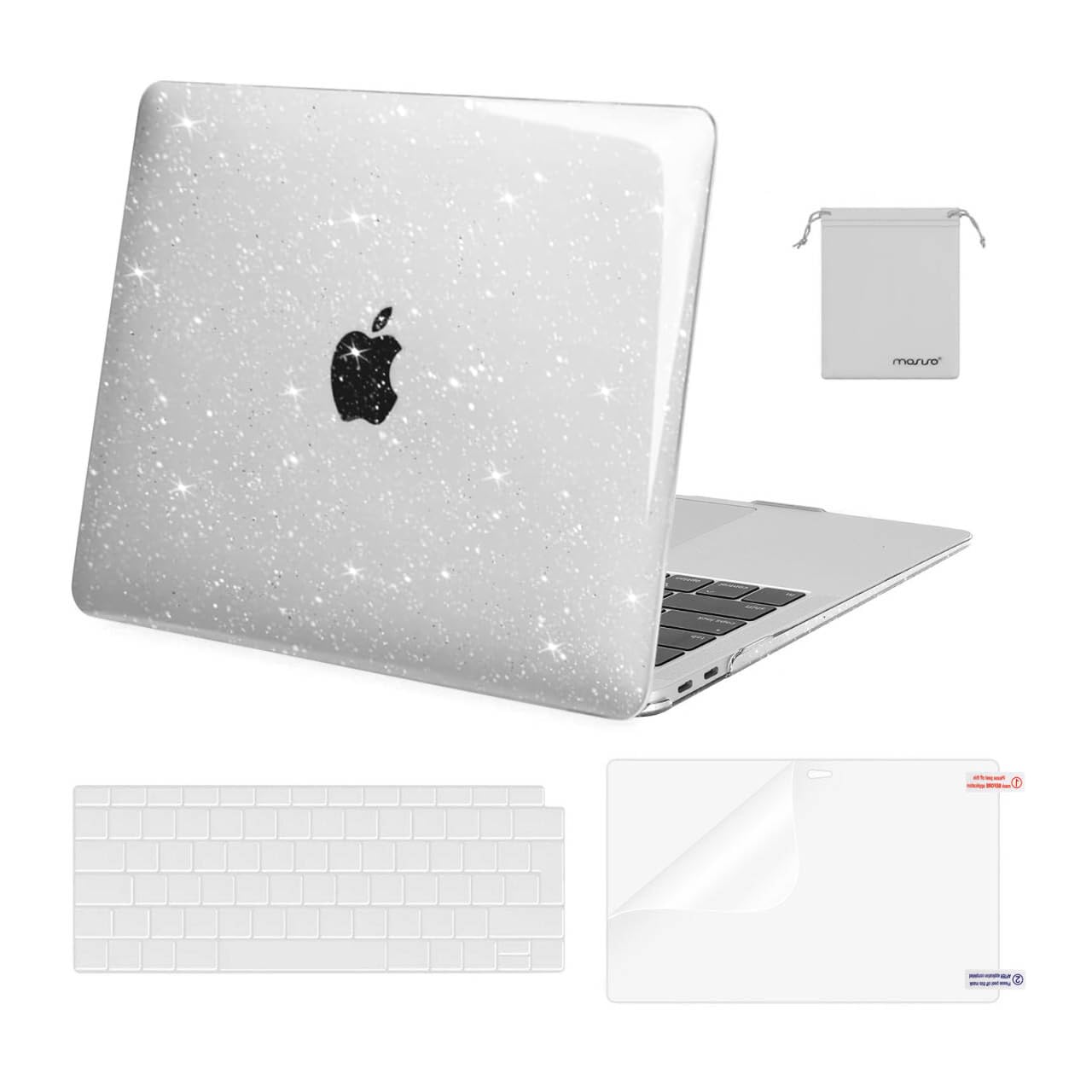 MOSISO Compatible with MacBook Air 13 inch Case M1 2021 2020-2018 A2337 A2179 A1932, Sparkly Glitter Hard Shell for MacBook Air M1 Case 13.3 inch &Keyboard Cover&Screen Protector&Pouch, Transparent