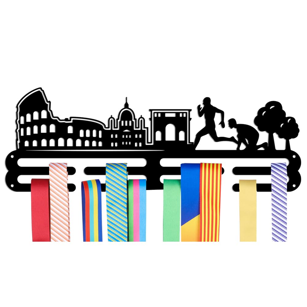 NBEADS Medals Hanger Display Holder Rack, City Silhouette and Running Medals Display Wall Mounted Frame Medal Ribbon Holder Hooks for Competition Medal Wall Hanging Display, Mount Over 50 Medals