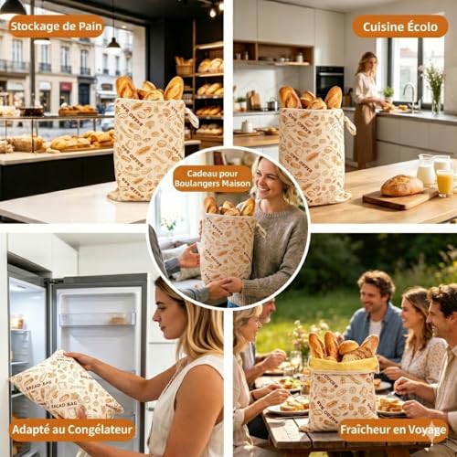 AHJ Sac a Pain Cire Abeille avec Fermeture Éclair, Lot de 2 Sacs de Conservation Pain Réutilisables 43 x 33 cm, Sac à Pain en Coton pour Pain au Levain Fait Maison, Baguette, Fruits et Légumes