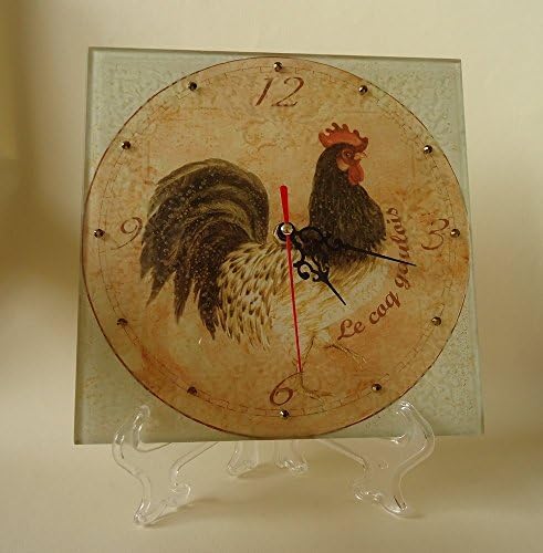 Square glass clock"Golden Cockerel". Desktop clock. Tabletop clock. Wall clock. Artificially aged. Cracks. Decoupage and decorative techniques. Swarovski crystals and engraved glass.
