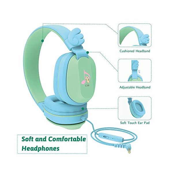 Kids-Headphones-Riwbox-CS6-Lightweight-Foldable-Stereo-Headphones-Over-Ear-Corded-Headset-Sharing-Function-with-Mic-and-Volume-Control-Compatible-with-iPadiPhonePCKindleTablet-BlueGreen Kids Headphones, Riwbox CS6 Lightweight Foldable Stereo Headphones Over Ear Corded Headset Sharing Function with Mic and…