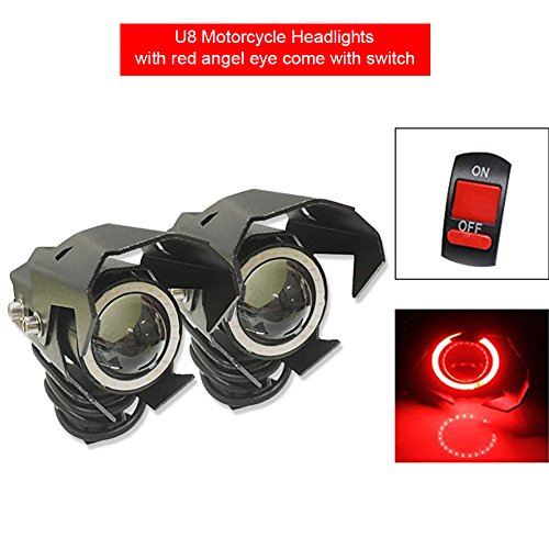 Ourbest U8 Motorcycle Cree Led Lights Fog Headlights White Driving Daylight Red Angle Eye with Switch DRL High Low Strobe lights Pack Of 2