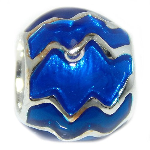 Pro Jewelry 925 Solid Sterling Silver Dark Blue Barrel with Aquarius Zodiac Sign Charm Bead