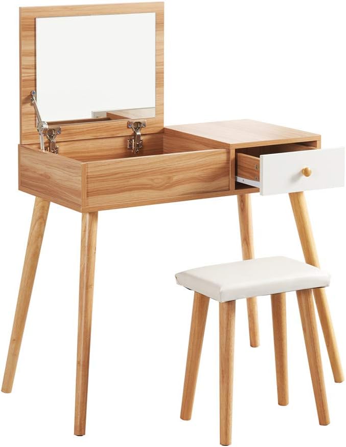 Mondeer Dressing Table, Vanity Table Set with Flip Top Mirror and Stool, White and Wood Natural
