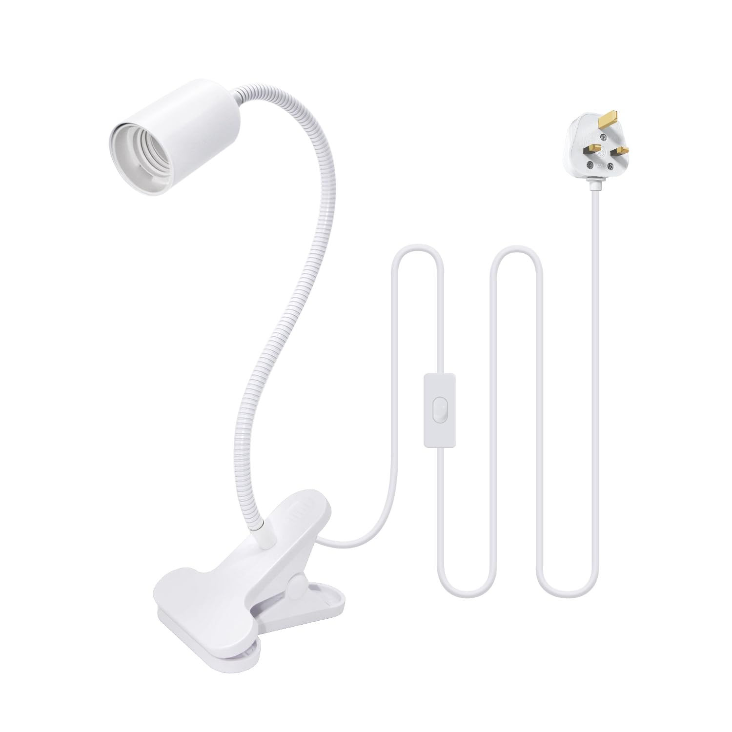 Clip on Lamp, 240CM Cable, E27 Clip on Bulb Holder with Large Anti Slip Clip, 35CM Length, 10MM Thick 360°Flexible Gooseneck, Clip Light, Clamp on Desk Lamp, Reading Light, Bedside Light, White