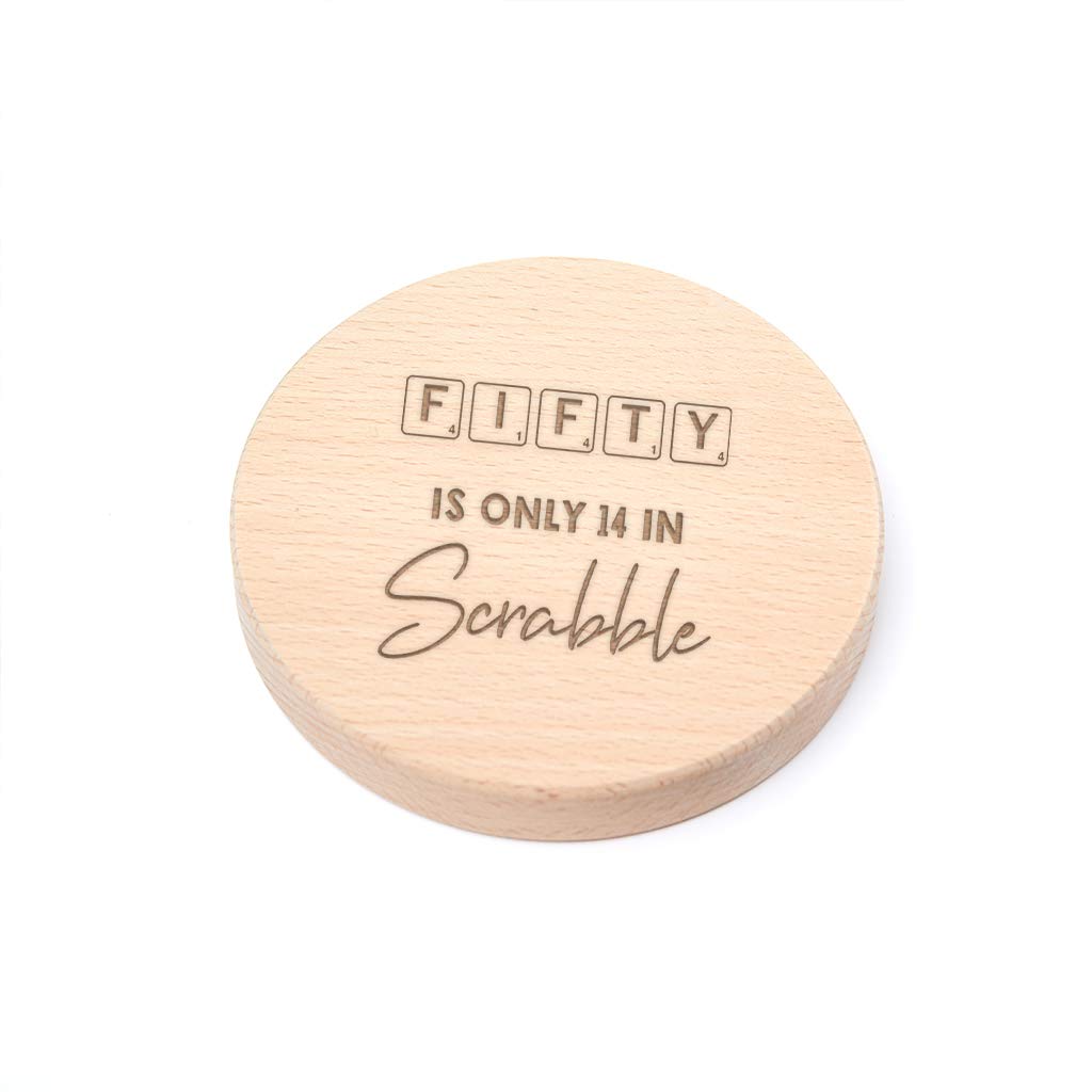 "Fifty Is Only 14 In Scrabble" Engraved Wood Coaster - Funny 50th Birthday Gift For Men or Women