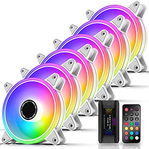 EZDIY-FAB White Moonlight 120mm RGB Case Fan with Fan Hub X and Remote,Motherboard Aura SYNC,Speed Control, ARGB Fan for PC , Desktop Case-6 Pack