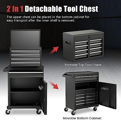 Goplus Rolling Tool Chest, 5 Drawers Tool Storage Cabinet with Universal Lockable Wheels, Detachable Top Toolbox, Lock Bar, Protective Liner, Heavy Duty Metal Tool Cart, Tool Box for Workshop Garage