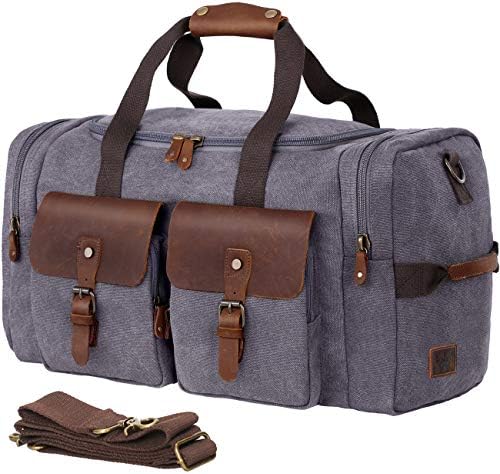 WOWBOX Duffel Bag Weekender Bag for Men and Women Genuine Leather Canvas Travel Overnight Carry on Bag with Shoes Compartment Grey 1 WOWBOX Duffel Bag Weekender Bag for Men and Women Genuine Leather Canvas Travel Overnight Carry on Bag with Shoes Compartment Grey