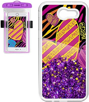 HAIWEN 2-in-1 Samsung Galaxy J7 Case, Galaxy J7 Perx/J7 Prime/J7 2017/J7 V Floating Liquid Design Purple Sparkling Quicksand and Hand-painted Love Case+Fluorescent Waterproof Case with Armband(Purple)