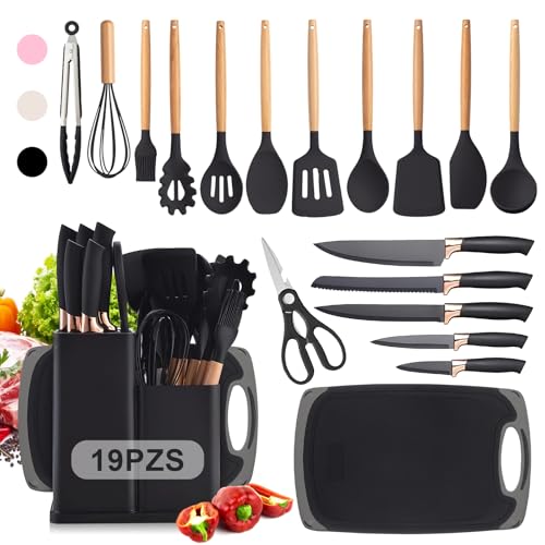 Utensilios de Cocina de Silicona, 19 Piezas Juego de Utensilios de Cocina Antiadherentes con Mango Resistente al Calor, Juego de Cucharas para Cocinar de Incluyendo Accesorios Cocina Negro