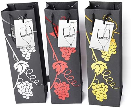 6 Pack Premium Black Wine Gift Bags with Gift Tag and Handles, Grape Vine Design