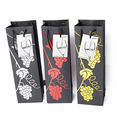 6 Pack Premium Black Wine Gift Bags with Gift Tag and Handles - Grape Vine Design – Wine Bottle Carrier for Weddings, Anniversary, Birthday, Special occasions, H: 39 cm x W: 12 cm x D: 9 cm