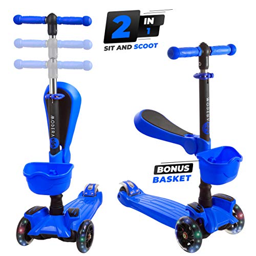 Modera Kids Kick Scooter w/ 3 Wheel Deck, Handle Bar Grips, Sit-or-Stand Removable Folding Seat, Foot Rest, Built-in Brake & Bonus Basket for 2-8 Year Old Toddler Boys & Girls Max 110 Lbs.