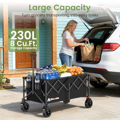 Blomoba Collapsible Wagon Cart, 330LBS Heavy Duty Folding Cart with Wheels 360° Rotation, Built-in Brakes, Flexible Handle, Portable Utility Wagon for Grocery Sports Garden Shopping Camping