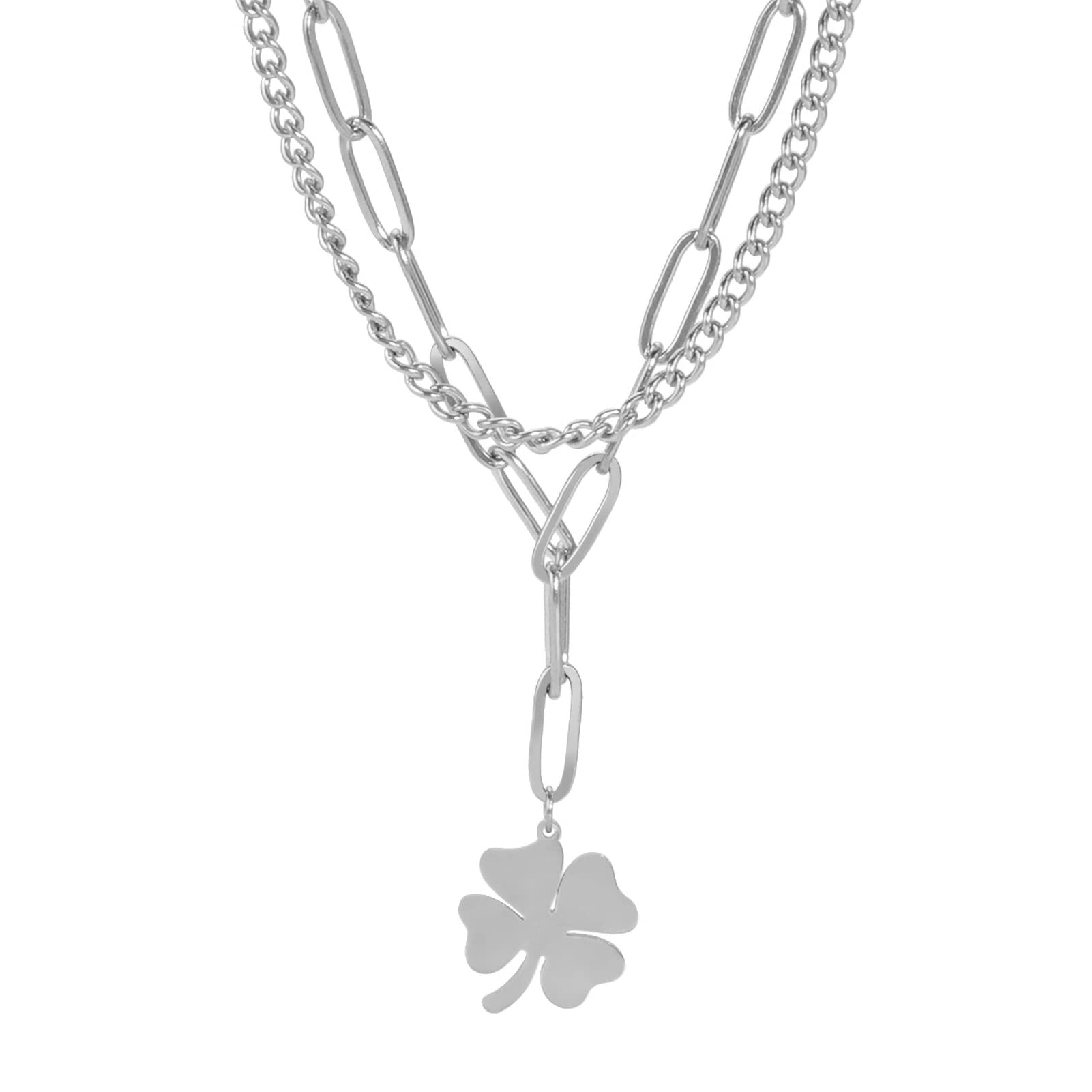 LIKGREAT Four Leaf Clover Necklace Heart Shaped Pendant Necklace for Women Girls Irish Luck Charm Jewellery Stainless Steel Paperclip Double Layer Chain Adjustable (silver tone)