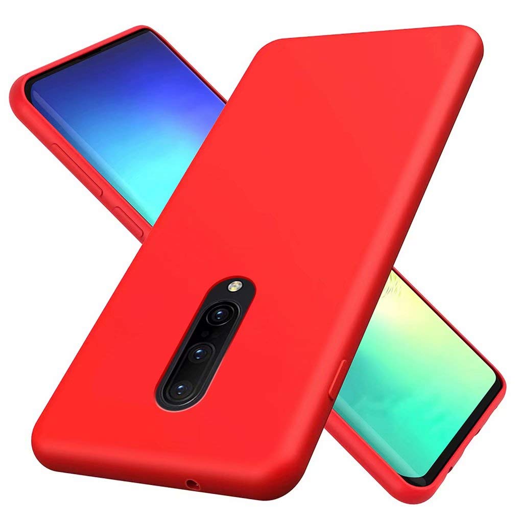 NiaCoCo Compatible with OnePlus 7 Pro Case Ultra Thin Shockproof Liquid Silicone Phone Case Soft Gel Rubber Microfiber Stripe Protector Case (Red)