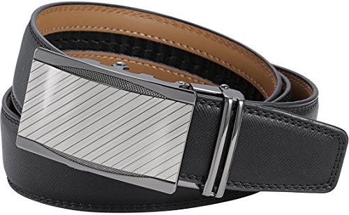Marino Men's Genuine Leather Ratchet Dress Belt with Automatic Buckle, Enclosed in an Elegant Gift Box - Gunblack Silver Custom: Up to 44" Waist