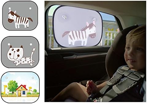 Baby Car Window Sun Shade (2 Pack) - adorable cartoon animal design sunshade - Protect your kids in the back seat from sun glare and heat. Blocks over 97% of harmful UV Rays - Easy to Install
