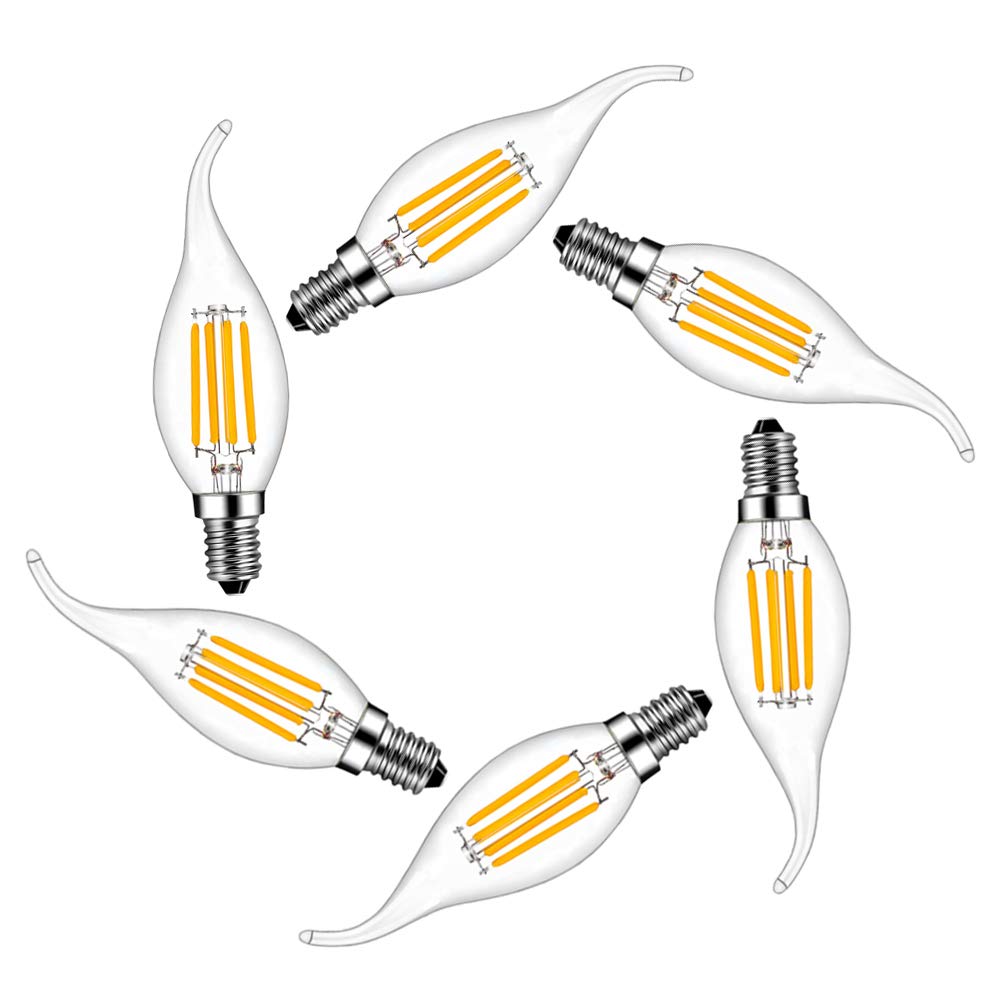 MENTA 6 pcs E14 4W LED Candle Filament Bulbs, 40W Equivalent, Warm White(2700K) Candelabra Light Bulb, Non-Dimmable, Small Edison Screw Candle Light Bulb