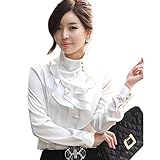 Voguegirl Women's Lace Ruffle Neck Blouse Long Sleeve Stand Collar OL Shirt Tops