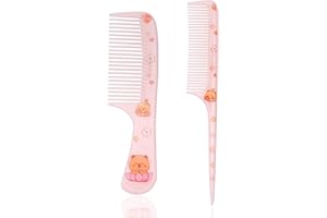 2pcs Cute Hair Comb, 2 Styles Plastic Cartoon Capibara Girls Comb Pink Fine-Tooth & Rat-Tail Stylish Hairbrush for Kids Toddl