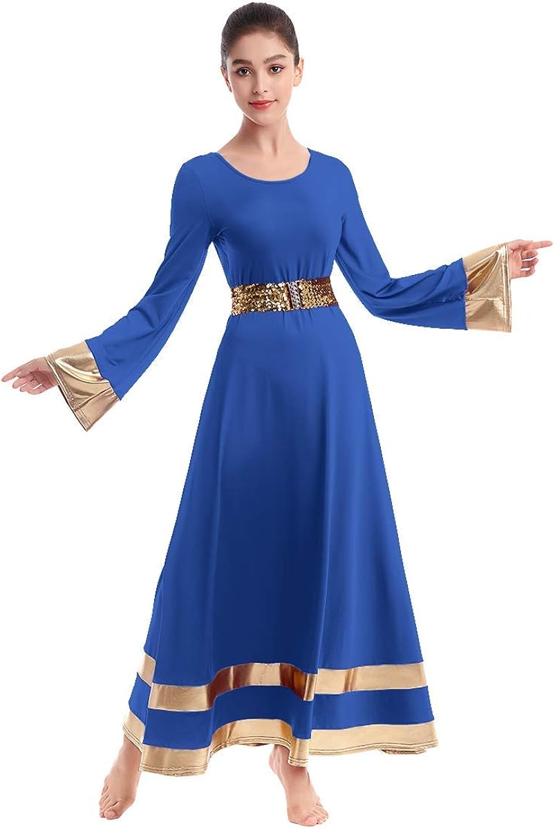 IBAKOM Womens Long Sleeve Tunic Robe Worship Praise Liturgical Full Dance Dress Ballet Costume with Sequins Belt: Clothing