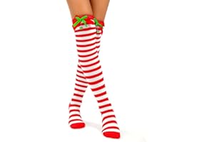 deladola Christmas Striped Thigh High Socks Candy Cane High Stockings with Bow for Women
