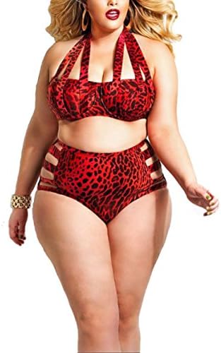 Women 2PCS Plus Size High Waist Push up Sexy Leopard Padded Strappy Swimsuits Bikini (Red, XL)