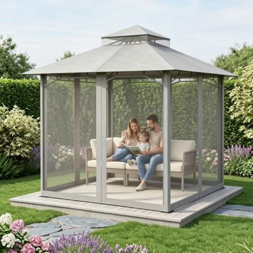 JUNKAI 8x8 Patio Gazebo with Double Roof, Mosquito Netting, Waterproof & UV Protection Outdoor Canopy Tent image 12