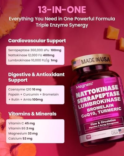 MEGNETA Nattokinase Supplement 12,000 FU (Max Strength) Serrapeptase 360,000 sPU, Lumbrokinase 10,000 FUV & CoQ10 -Systemic Enzymes Complex for Cardiovascular & Circulatory Health Support-100 Capsule